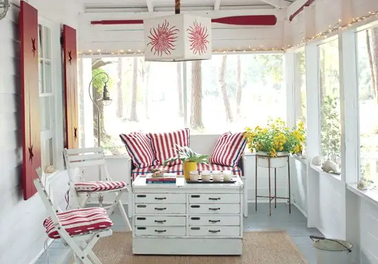red and white sun porch