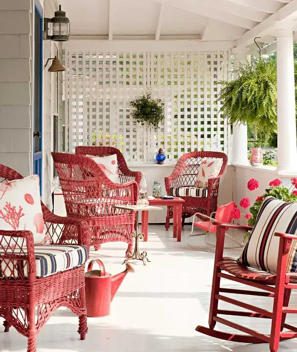 Beach Cottage Porch with Red Wicker Chairs