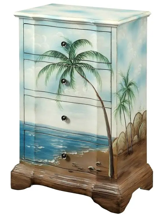 Tropical Palm Tree Beach Scene Drawer Chest Painted