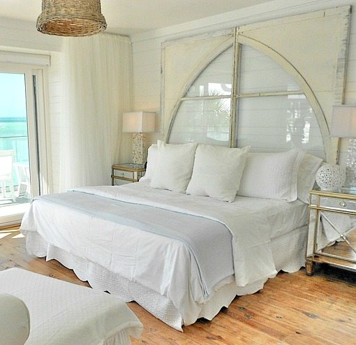 Vintage Window Headboard in a Beach Cottage