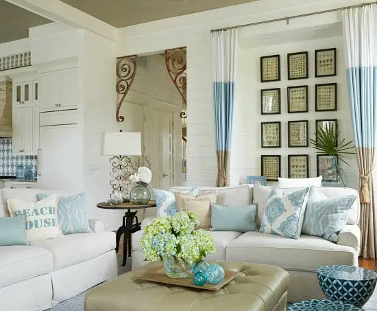 Beige Blue and White Beach House Decor Living Room