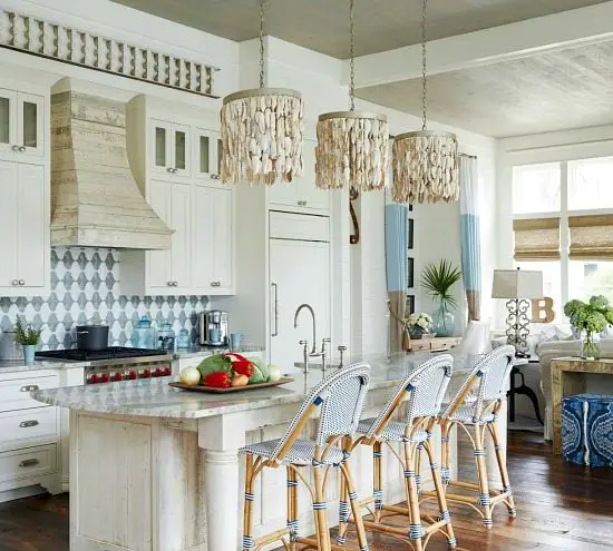 Oyster Shell Chandeliers over Kitchen Island