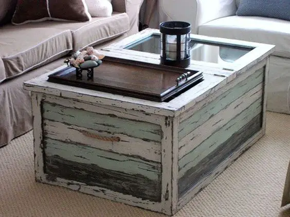 coffee table with glass section and sea green trim