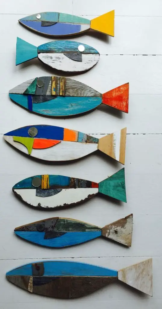 Whimsical Fish Wall Decor Colorful Fish Art 3 Nautical Striped Wooden